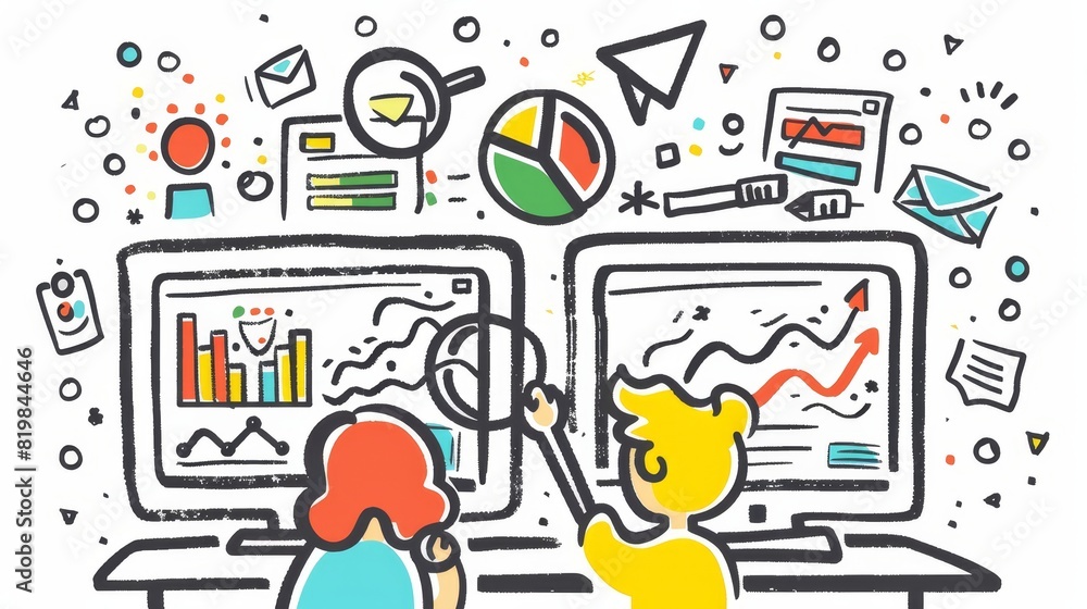 Poster people research analytics on dashboards with graphs and charts. modern doodle icons for statistic an