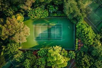Bird's-eye view of empty rural sports court. Soccer, basketball, volleyball, tennis court.. Beautiful simple AI generated image in 4K, unique.