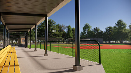 baseball field dugout with yellow bench in the middle of the forest 3d rendering