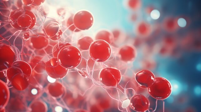 Hemoglobin molecule under a microscope. Chemistry medicine education abstract background