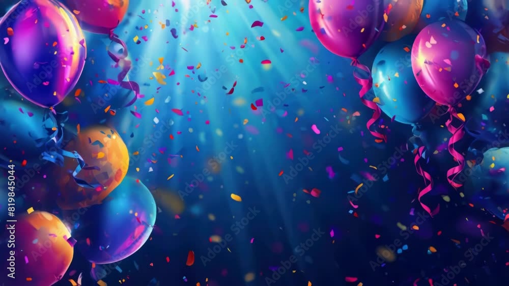 Poster a colorful background with many balloons and confetti. the balloons are in various colors and sizes,