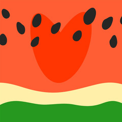 Cute watermelon pulp, skin background with seeds and heart in simple cartoon style. Colorful summer seasonal backdrop.