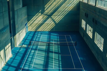 Bird's-eye view of empty rural sports court. Soccer, basketball, volleyball, tennis court.. Beautiful simple AI generated image in 4K, unique.