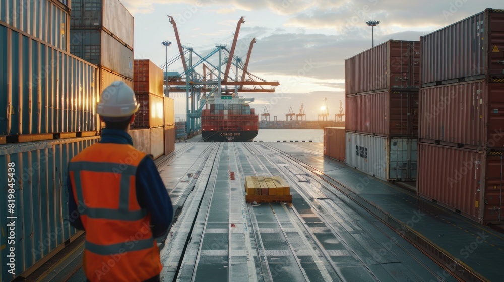 Poster a wide shot of an engineer inspecting cargo containers at a busy port terminal, with cranes and ship