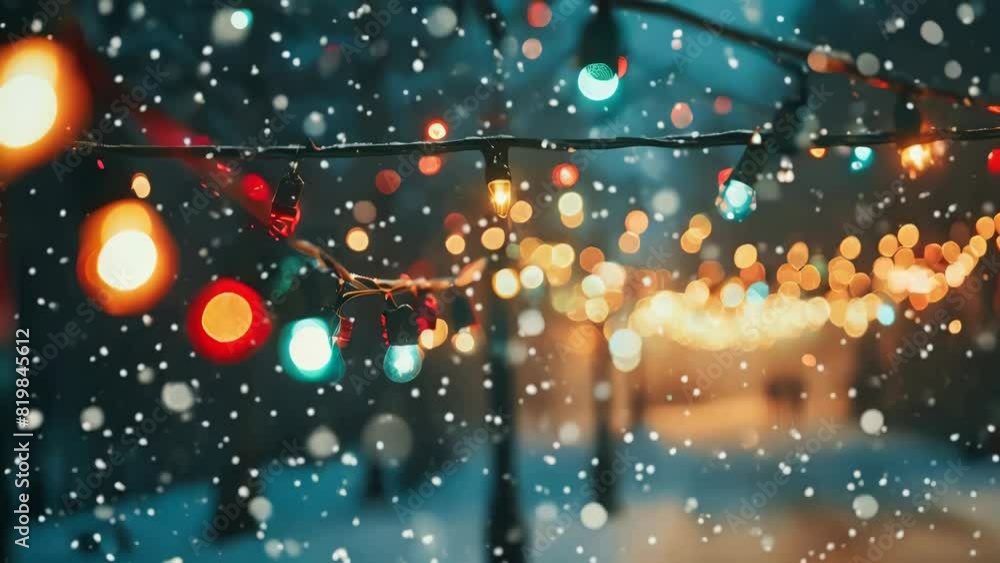 Poster a christmas light display with snow falling in the background. the lights are bright and colorful, c