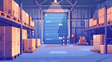 Objects on metal racks, closed gates with rolling shutter, workers and pallets in a warehouse. Modern cartoon illustration of a storage room interior.
