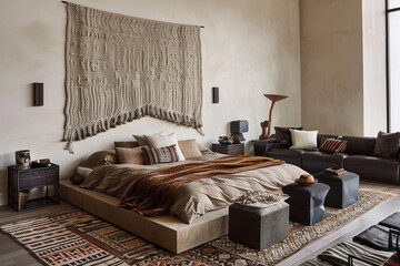 Contemporary bedroom with a low bed, earthy-toned bedding, textured wall hanging, and a chic sofa set. Patterned rug, cube-shaped bedside tables, and a black chair.