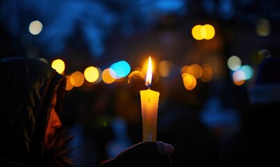 A solemn moment captured at a candlelight vigil held in memory of those lost in a tragic traffic accident, with community members coming together for support and reflection. with wide background 