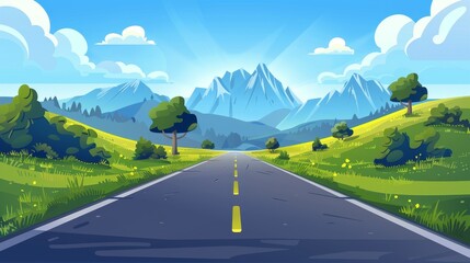 Straight highway disappears through mountain landscape, surrounded by green fields under blue clouds on summer day. Cartoon illustration with a markup or tire trails.
