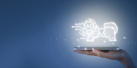 Exploring Intelligence: Hand Holding Tablet with AI or Artificial Intelligence, Modern Digital...