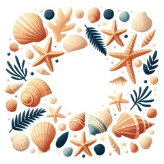 Obraz premium Marine-themed frame with seashells and starfish. Isolated flat-style illustration on wite background. Invitation card. Greeting card. 