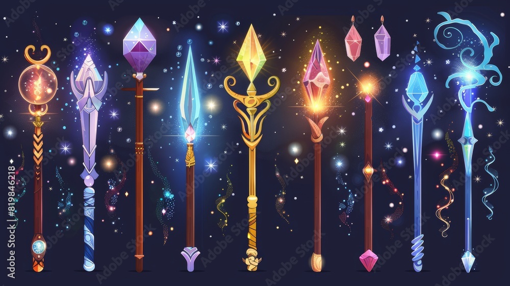 Wall mural Modern cartoon set of sorcerer or magician wooden and metal sticks with crystals and glow isolated on background. - Wall murals