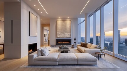 A chic living room with a minimalist design, including a sleek fireplace, modern art pieces,...