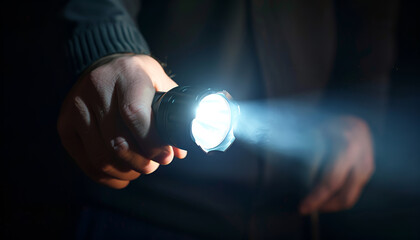 Man with bright flashlight in darkness, closeup