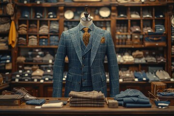 Men's shirt in the form of dark blue suits on a mannequin in the atelier