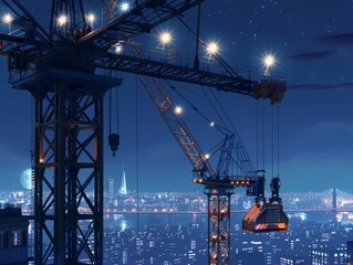 A construction crane hoisting a large steel beam into place, with the city skyline visible in the...