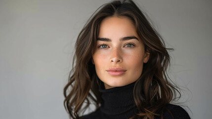 Fototapeta premium Young brunette lady with a sophisticated look, standing confidently in a studio setting