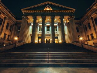 A courthouse at night, illuminated by lights, with steps leading up to its grand entrance, signifying the enduring pursuit of justice