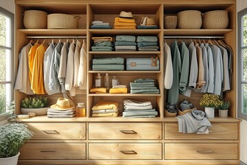 Modern wardrobe with stylish spring clothes and accessories