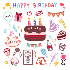 Cute Kawaii Birthday Hand Draw Collection. Adorable Cartoon Style.
