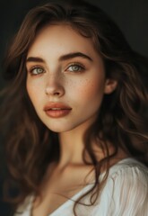 Naklejka premium A captivating portrait of a brown-haired beauty showcases her delicate evening makeup, her kind gaze evoking a sense of warmth and charm.