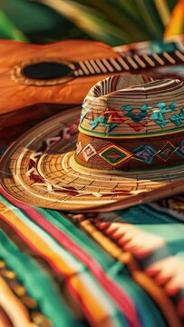 A hat is on top of a colorful blanket. The hat is brown and has a colorful