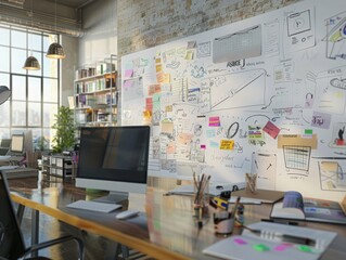 A creative workspace with a modern design, featuring a large whiteboard covered in brainstorming ideas, sticky notes, and innovative sketches