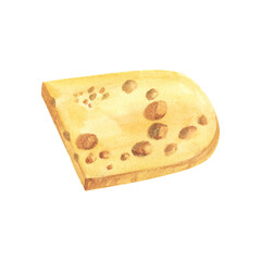 Watercolor illustration of cheese isolated on white. French dairy product. Hand drawn food for menu, recipe, label, packaging design. Slice of cheese with holes.