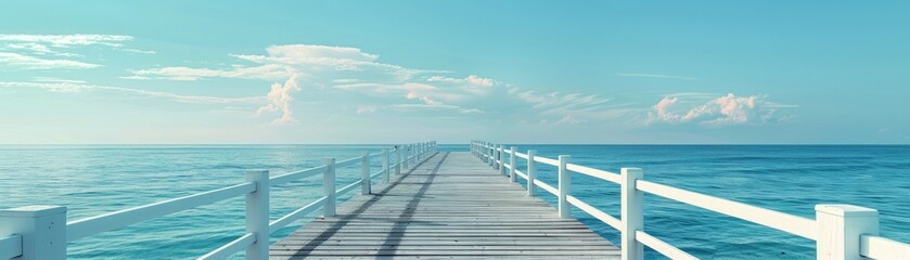 Obraz premium A beautiful beach with a long pier extending out into the ocean. The water is a crystal-clear blue and the sky is a bright, sunny yellow.