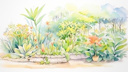 Beautiful watercolor painting of a lush garden with various plants and flowers, creating a peaceful and serene nature scene.