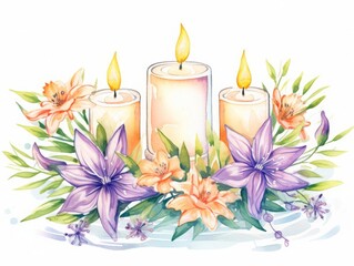 Beautiful watercolor illustration of candles with blooming flowers, perfect for romantic, relaxation or inspirational themes.