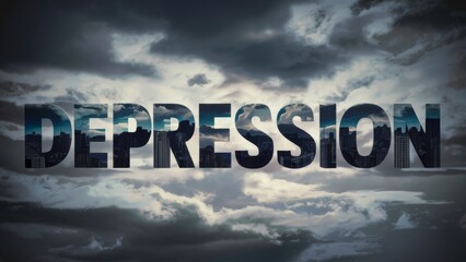 A word depression is spelled out in the sky with clouds, AI