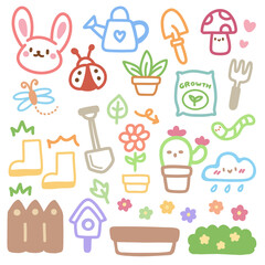 Cute doodle hand drawn kids set. Colorful element of bunny, mushroom, cactus, ladybug, watering can and flowers.