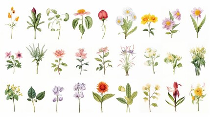 Collection of various artistic watercolor flower illustrations arranged in rows on a white background.