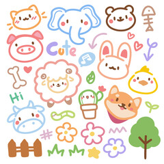 Cute doodle hand drawn kids set. Colorful element of cat, panda, bear, bunny, dog and flowers.