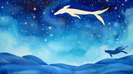 Enchanting fantasy illustration with whales swimming among stars in the night sky. Dreamlike ocean scene with glowing marine life.