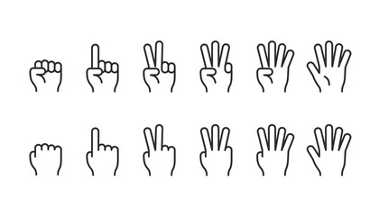 Finger Counting Gestures, linear style icon set. Hands showing numbers one through five. Hand signals for basic numerals. Editable stroke width.