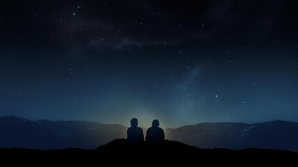 Silhouette of two people sitting under a starry night sky, gazing at the Milky Way with 2, to, sit.