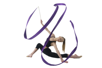 young gymnast in a photo studio shows the elements of exercises with a ribbon, doing stretching and rotating it, 
isolated on transparent background, png