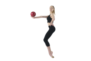 young gymnast in a photo studio shows the elements of exercises with a ball, 
isolated on transparent background, png