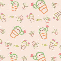 Kawaii Cute Seamless Pattern with Cactus and Worm on Soft Brown Background