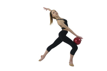 young gymnast in a photo studio shows the elements of exercises with a ball, 
isolated on transparent background, png