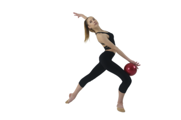young gymnast in a photo studio shows the elements of exercises with a ball, 
isolated on transparent background, png