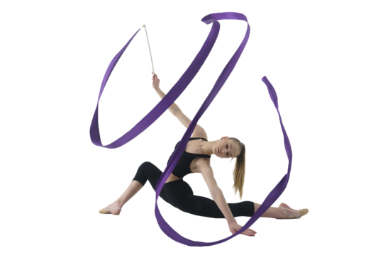 young gymnast in a photo studio shows the elements of exercises with a ribbon, doing stretching and rotating it, 
isolated on transparent background, png