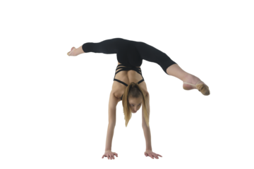 young gymnast in a photo studio shows stretching while doing splits while standing on her hands, 
isolated on transparent background, png