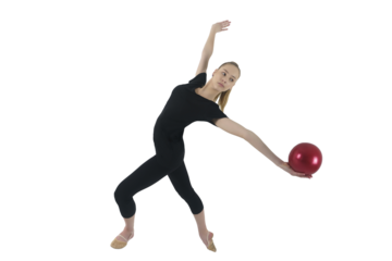 young gymnast in a photo studio shows the elements of exercises with a ball, 
isolated on transparent background, png