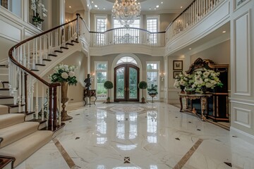 A grand foyer with a sweeping staircase, marble floors, a sparkling chandelier, and a stylish console table adorned with fresh flowers