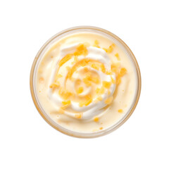 A glass of orange banana vanilla yogurt smoothie isolated on transparent background, cut out, PNG.
