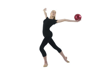 young gymnast in a photo studio shows the elements of exercises with a ball, 
isolated on transparent background, png