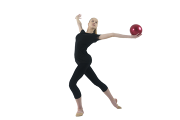 young gymnast in a photo studio shows the elements of exercises with a ball, 
isolated on transparent background, png